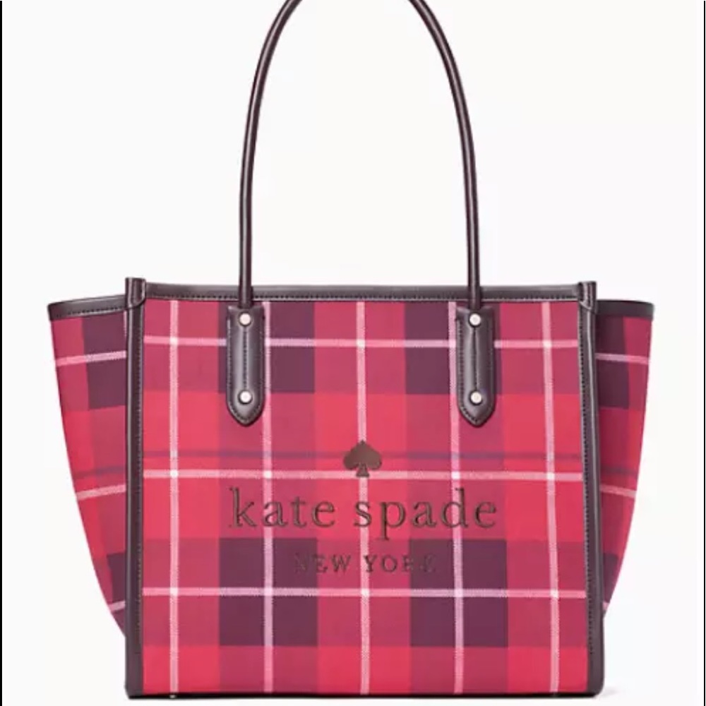 NEW Kate Spade Bright Rose Ella Plaid Tote WKR00604 $299 Red